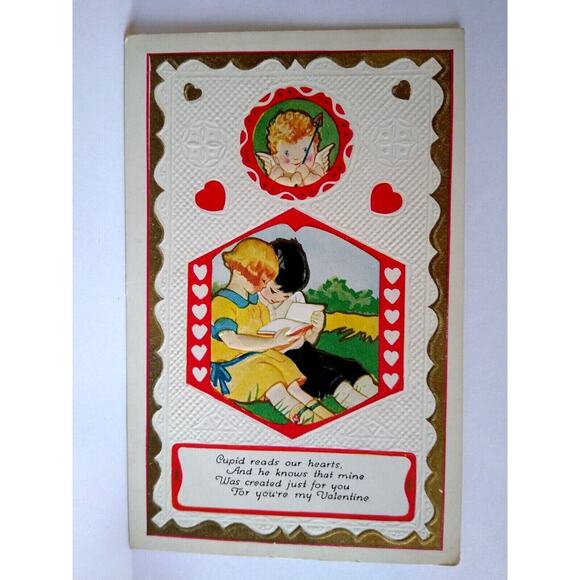 Valentine Postcard Cupid Watches Children Reading Book Embossed Series 448 - Picture 2 of 3